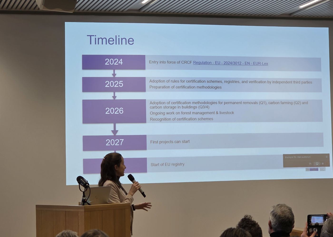 A European Commission speaker presenting the CRCF implementation timeline — 2024 entry into force through the start of the EU registry